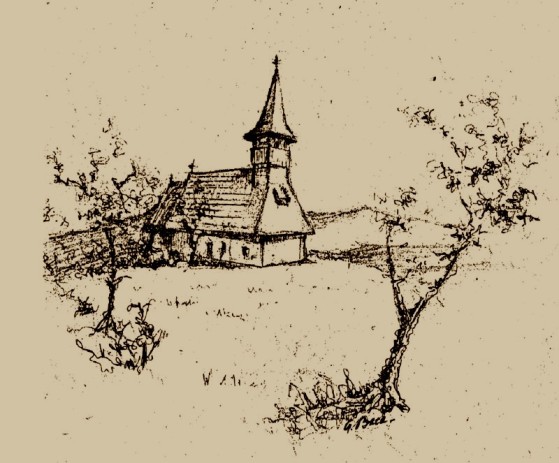 Bisericuta din Galda - desen realizat de George Baca, fost detinut politic in colonia de munca Galda de Jos